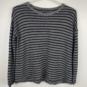 Eileen Fisher Wool Linen Sweater Top Size Large Petite Black Gray Stripe Coastal